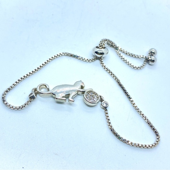 Cat Slider Bracelet Silver Tone Stainless Steel Cat with Rhinestone Yarn Ball - Picture 3 of 4